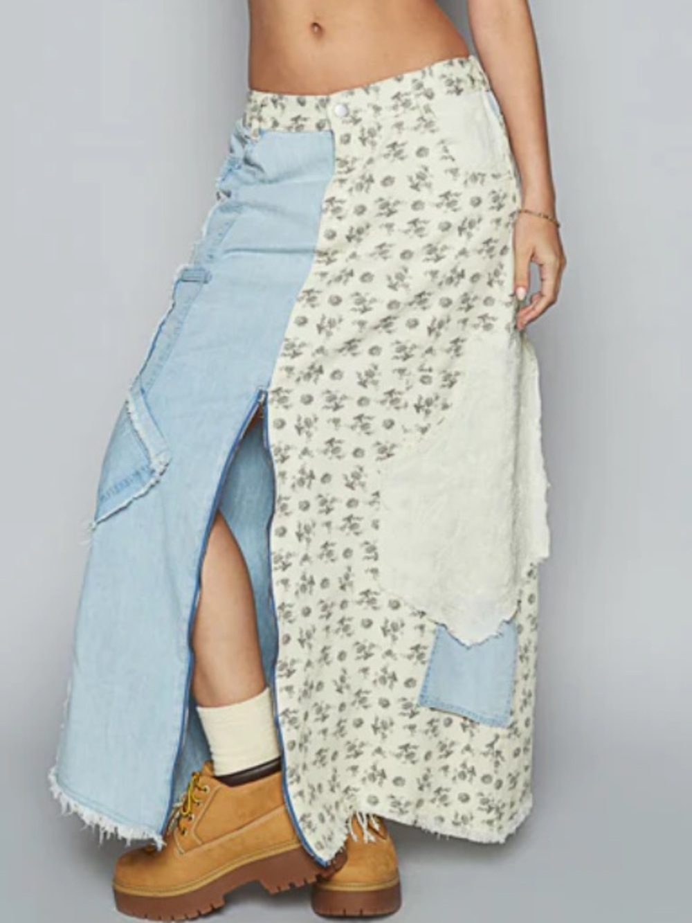 New: POL Anne Mixed Denim Floral Print Patchwork Cotton Maxi Skirt• Large